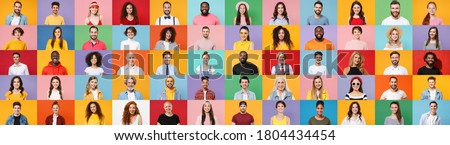Photo set collage of faces of multiethnic happy fun smiling people, men and women group different ages wearing casual clothes isolated on colorful background studio portraits. Human facial expression