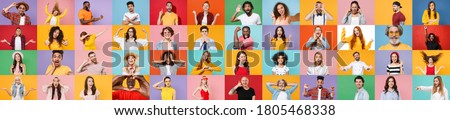 Photo set collage of faces of multiethnic diverse emotional people, men and women group different ages wearing casual clothes isolated on colorful background studio portraits. Human facial expression