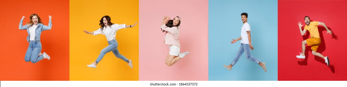 Photo set collage of five multiethnic expressive happy young people group wearing t-shirts having fun, jumping or flying up in air different poses isolated on colorful background, studio portraits