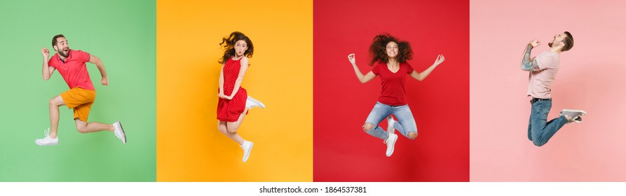 Photo Set Collage Of Four Excited Multiethnic Expressive Happy Young People Group Wearing T-shirts Having Fun, Jumping Or Fly Up In Air Different Poses Isolated On Colorful Background Studio Portraits