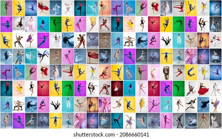Photo set, collage made of female and male ballet dancers dancing isolated on multicolored background in neon light. Models in stage images. Concept of art, theater, beauty, aspiration, creativity