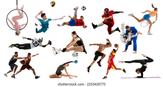 Photo set of different professional sportsmen images. Tennis, basketball, football, voleyball players in action over white background. Concept of sport, achievements, competition, championship. poster - Powered by Shutterstock