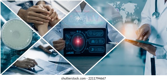 Photo Set Of Doctor Working Healthcare And Medicine Concept, Medical Futuristic Technology.