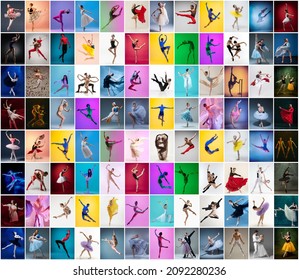 Photo Set Of Female And Male Ballet Dancers In Stage Costumes Dancing Isolated On Multicolored Background In Neon Light. Concept Of Art, Theater, Beauty, Aspiration, Creativity