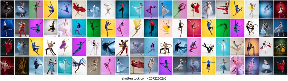 Photo set made of portraits of female and male ballet dancers in stage costumes dancing isolated on multicolored background in neon light. Concept of art, theater, beauty, aspiration, creativity