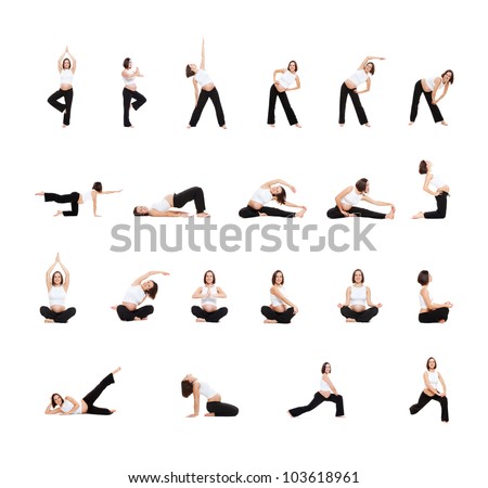 photo set of pregnant woman doing exercises isolated on white background