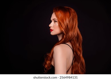 Photo of sexual stunning gorgeous fashion lady profile look empty space wear dress isolated on black color background