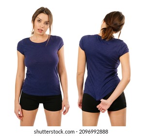 Photo Of A Sexy Young Woman With Shorts Wearing A Blank Purple Shirt, Front And Back.