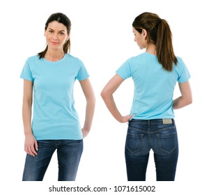 Photo of a sexy young woman wearing a blank light blue shirt, front and back.