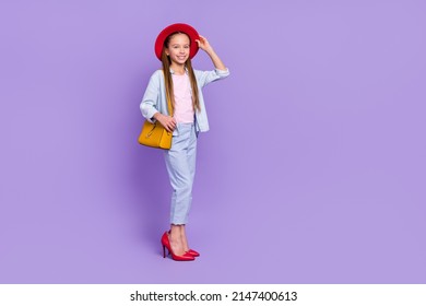 Photo Of Shiny Adorable Little School Girl Wear Denim Shirt Walking Mother Shoes Empty Space Isolated Purple Color Background