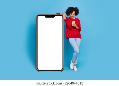 Photo of shiny charming young lady dressed red pullover reading modern gadget empty space isolated blue color background