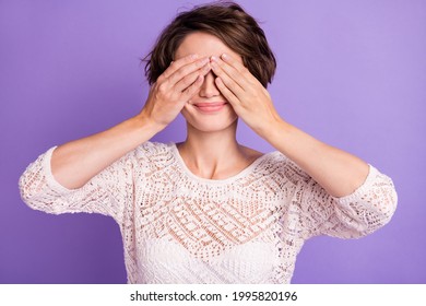 Photo Of Shiny Childish Young Woman Wear Knitted Shirt Play Hide And Seek Game Arms Close Eyes Isolated Violet Color Background