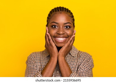 Photo of shiny excited lady dressed checkered shirt arms cheeks smiling isolated yellow color background - Powered by Shutterstock