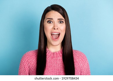 Photo Of Shocked Horrified Lady Open Mouth Scream Loud Staring Camera Isolated On Blue Color Background