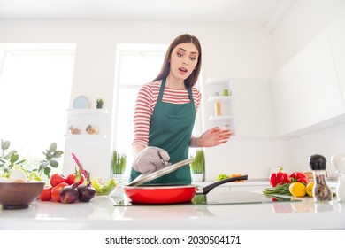 Photo Of Shocked Unhappy House Wife Wear Green Apron Glove Open Burnt Dinner Indoors Room Home House