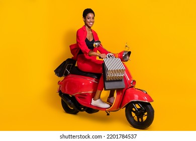 Photo Of Short Hair Lady Male Ride Motor Cycle Mall Package Buy Wear Stylish Trendy Jacket Isolated Vivid Color Background