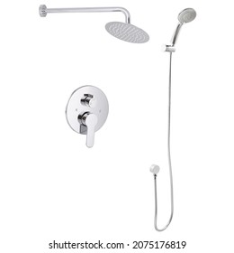 Photo of the shower system on a white background for the site. The kit includes a large rain shower head, an inner box or water faucet, and small shower head with a hose and bracket.