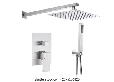 Photo of the shower system on a white background for the site. The kit includes a large rain shower head, an inner box or water faucet, and small shower head with a hose and bracket.