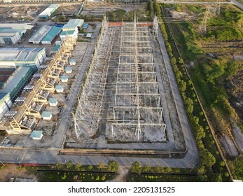 The Photo Showing An Aerial View Of A Large Industry Or Factory's Substation At One Of The Industrial Park Of Sarawak, Malaysia, Southeast Asia.