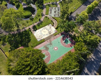 The Photo Showing An Aerial View Of Outstanding Natural Beauty And Excellent Sporting Facilities Court At The Community Garden Park Of Bintulu, Malaysia, Southeast Asia.