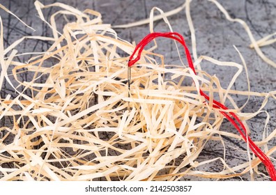 Das Foto zeigt eine Nadel mit rotem Faden mit Holzwolle
