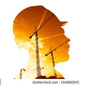 Photo Silhouette Of Working Man In Yellow Hard Hat, Man's Face In Yellow Safety Helmet I On Sunset Sky  Background. Male Face Of Male Engineer. Isolated On White Background. 