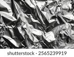 Photo of Silver chrome color crumpled aluminum foil close up. Background texture for backdrops or mapping