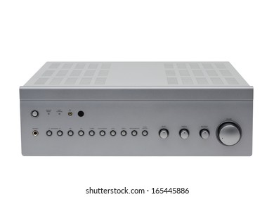 A Photo Of Silver Stereo Amplifier Isolated On White