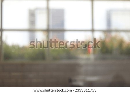 Photo of six large glass window frames with a third of the wall blurred against the background of multi-storey buildings and ornamental plants