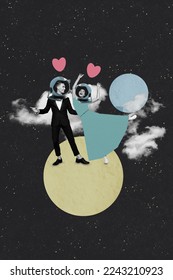 Photo sketch collage graphics artwork picture of smiling carefree couple enjoying another planet trip isolated drawing background - Shutterstock ID 2243210923