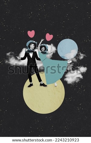 Photo sketch collage graphics artwork picture of smiling carefree couple enjoying another planet trip isolated drawing background