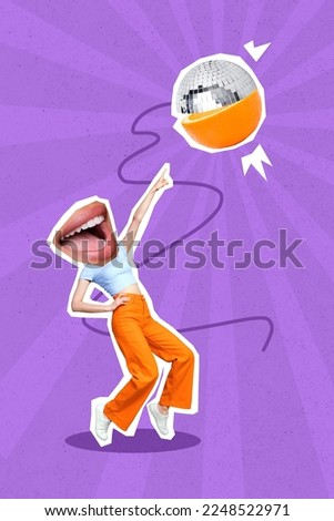 Photo sketch collage graphics artwork picture of funky lady mouth instead of head pointing citrus disco ball isolated drawing background