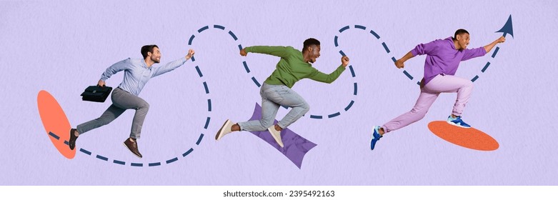 Photo sketch collage picture of purposeful workers running achieving aim isolated purple color background - Shutterstock ID 2395492163