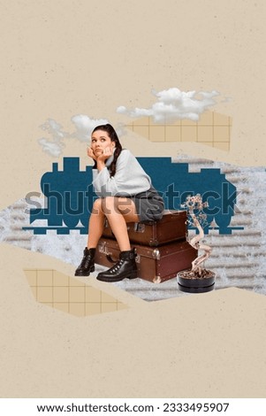 Photo sketch collage picture of unhappy sad lady sitting luggage home loss doodle isolated creative background