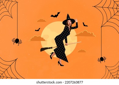 Photo Sketch Graphics Artwork Picture Of Charming Funny Witch Flying Broom Isolated Drawing Background