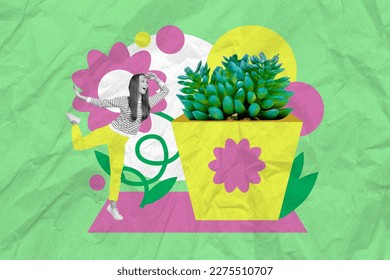 Photo sketch graphics collage artwork picture of excited lady growing big huge cactus pot isolated drawing background - Powered by Shutterstock