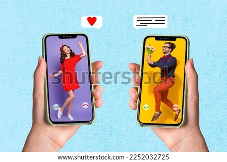 Photo sketch graphics collage artwork picture of hands holding two modern gadgets dating application site isolated drawing background