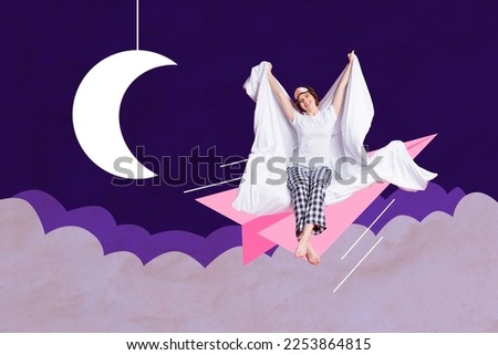 Photo sketch graphics collage artwork picture of carefree charming lady flying plane rising blanket isolated drawing background