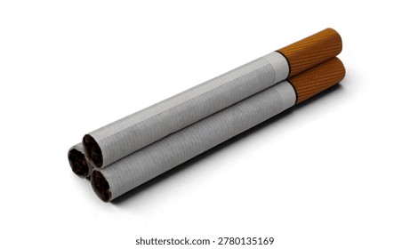 Photo of a small stack of three filtered tobacco cigarettes, isolated on white background.