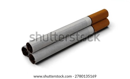 Photo of a small stack of three filtered tobacco cigarettes, isolated on white background.