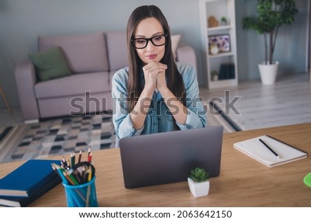 Photo of smart focused thoughtful mature woman wear glasses work remote lawyer indoors inside house home