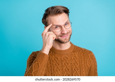 Photo of smart happy cool charming man hold finger temple idea genius isolated on blue color background - Shutterstock ID 2028269570