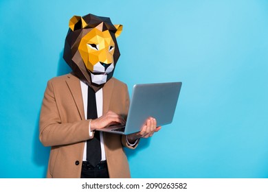Photo of smart marketer guy wear lion mask use netbook app typing message colleagues isolated over blue color background