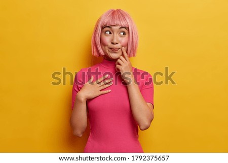 Similar – Image, Stock Photo woman with pink wig smiling happily on pink background