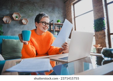 Photo of smiling positive elderly lady wear orange pullover working modern device reading report indoors apartment room - Powered by Shutterstock