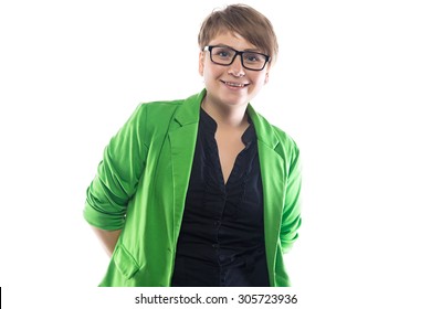 Photo Of Smiling Pudgy Woman In Glasses On White Background