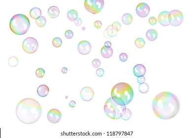 photo of soap bubbles with rainbow gradient on white
