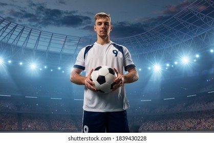 Photo of a soccer player who holds the ball.He wear unbranded sports clothes. Stadium and crowd made in 3D. - Powered by Shutterstock