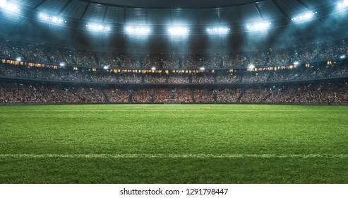 Photo of a soccer stadium at night. The stadium was made in 3d without using existing references. - Shutterstock ID 1291798447