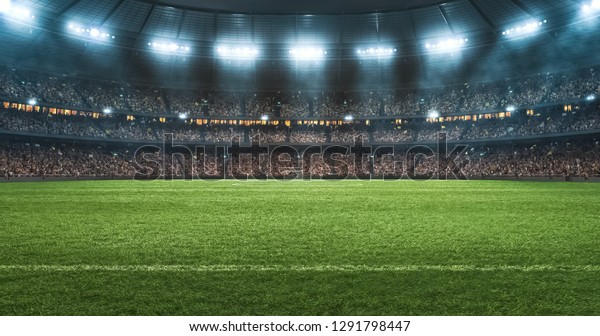 Photo of a soccer stadium at\
night. The stadium was made in 3d without using existing\
references.